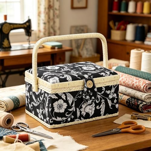Medium Sewing Basket, Sewing Box with Accessories, Black White Flower - Image 5