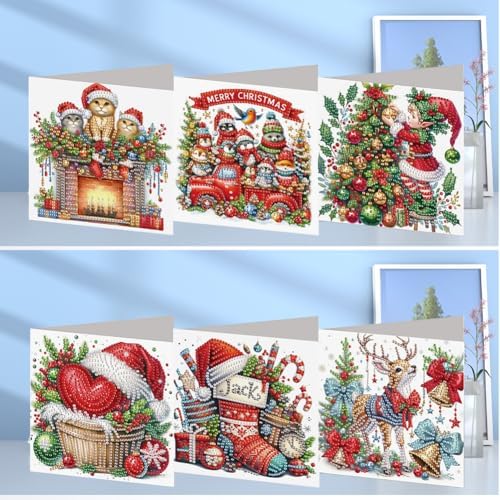 jinglinhh 6pcs Diamond Art Painting Christmas Cats Animals Stocking Elk Greeting Cards with Envelopes, DIY Card Making Kits for Adults, Diamond Art Postcards Christmas Cards Craft Gifts - Image 7