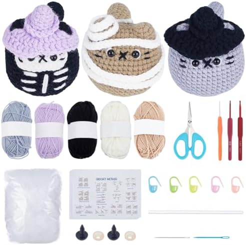 ORIGACH 3 Set Halloween Mummy & Cat Crochet Kit for Beginners, DIY Halloween Amigurumi Set with Video Tutorial, Yarn, Tools, Complete Crochet Starter Pack, DIY Spooky Gift by ORIGACH