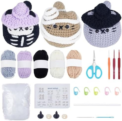 ORIGACH 3 Set Halloween Mummy & Cat Crochet Kit for Beginners, DIY Halloween Amigurumi Set with Video Tutorial, Yarn, Tools, Complete Crochet Starter Pack, DIY Spooky Gift by ORIGACH