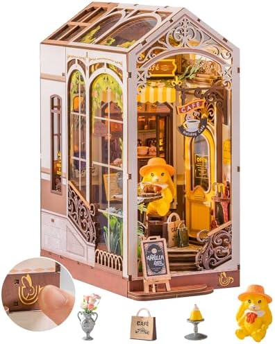 ROBOTIME DIY Book Nook Kit Holiday Café, 3D Wooden Puzzle Miniature Coffee Shop with LED Light, Creative Bookshelf Decor Diorama Kit for Adults, Unique Gift Idea by ROBOTIMEBuildingThingstoLife