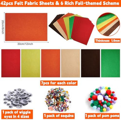 42Pcs Fall Felt Fabric Sheets 8 x 12 Inch Autumn Yellow Orange Assorted Soft Thick Felt Pack with Wiggle Google Eyes Pom Poms Glitter Patchwork for Thanksgiving DlY Sewing Creative Art Project Decor - Image 2