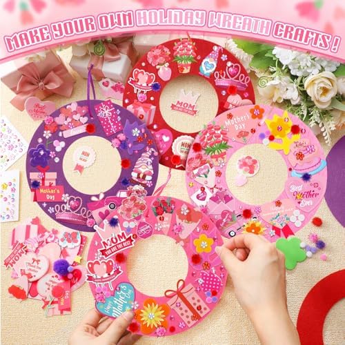 Wavwavw 472 Pcs Mother's Day Craft Kits Flower DIY Wreath Craft Kit Mother's Day Wreath Arts Decorations with Tulip Heart Flower Stickers for Mom Gift - Image 4