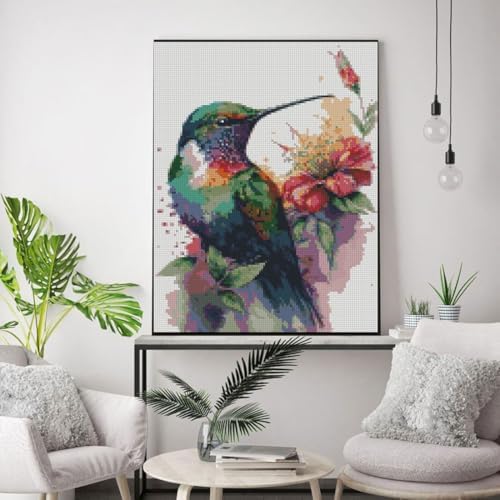 Hummingbird Stamped Cross Stitch Kits，Needlepoint Cross-Stitch Patterns Dimensions Needlecrafts Embroidery Kits，DIY Art Bird Home Wall Decor Perfect for Relaxation 15.7x11.8 Inches - Image 3