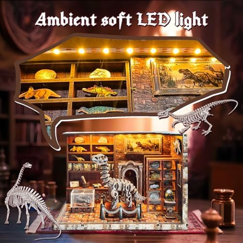 3D Wooden Puzzles for Adults, DIY Miniature Dollhouse, Book Nook Kit, Built-in LED Model Kit Hobby Gifts for Adults Teens Home Decor, Ideal Gift for Teenager and Men (Dinosaur Museum) - Image 4