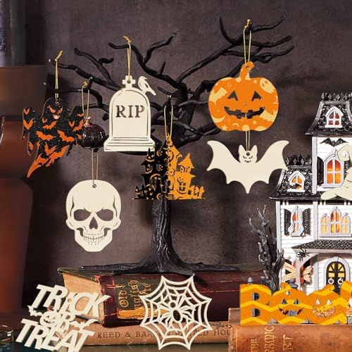 80PCS Wooden Halloween Ornaments to Paint Fall Decorations,10 Styles DIY Blank Autumn Unfinished Wood Skull Pumpkin Ghost Bat Boo Trick or Treat Halloween Cutouts Ornament for Crafts Party Hanging - Image 5