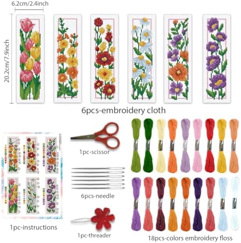 BEUNITONE 6 Set Floral Bookmark Cross Stitch Kits for Beginners with Instructions Floral Bookmarks Cross-Stitch Kit Stamped Embroidery Bookmark DIY Crafts Book Marker for Book Lovers 8''x2.4'' 11CT - Image 2