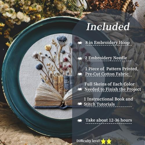 FONNUY Embroidery Kit for Beginners, Flower Book Pre-Stamped Pattern Kits for Adults with Hoop, Cross Stitch Easy to Follow Color Thread Needlework, 8'' Hoop (Blue) - Image 3