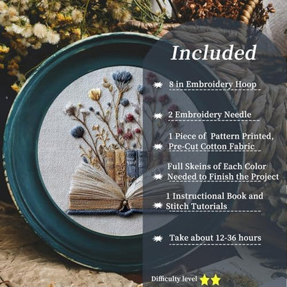 FONNUY Embroidery Kit for Beginners, Flower Book Pre-Stamped Pattern Kits for Adults with Hoop, Cross Stitch Easy to Follow Color Thread Needlework, 8'' Hoop (Blue) - Image 3