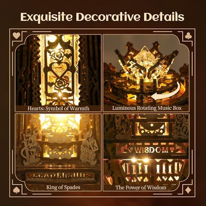 FUNPOLA LED 3D Wood Puzzle Poker World Projector Lamp – DIY Craft Kit with LED Lights and Music Box – Creative Poker-Themed Lamp, Nightlight Gift for Home Décor (White Maple) - Image 3
