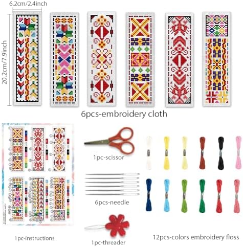 BEUNITONE Cross Stitch Bookmark Kits 6 Pcs Traditional Decorative Patterns Counted Cross Stitch Kit Hand Stamped Embroidery Kit for Beginners Floral Fabric Bookmark Making Kit DIY 8''x2.4'' - Image 2