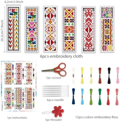BEUNITONE Cross Stitch Bookmark Kits 6 Pcs Traditional Decorative Patterns Counted Cross Stitch Kit Hand Stamped Embroidery Kit for Beginners Floral Fabric Bookmark Making Kit DIY 8''x2.4'' - Image 2