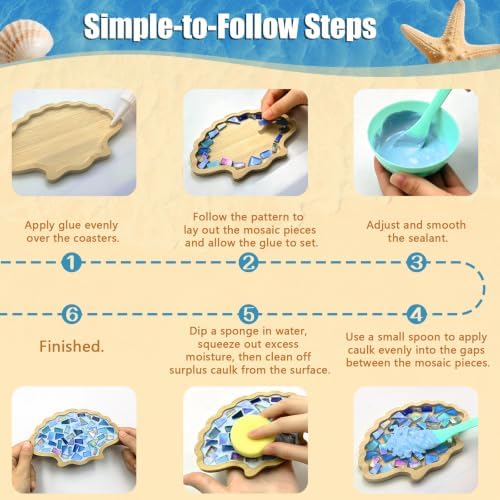 luperasol 6 Sets DIY Ocean Mosaic Tiles for Crafts Mixed Color Glass Mosaic Kits Wooden Coaster for Drinks Tray Handmade Home Decoration and Gift Idea - Image 4