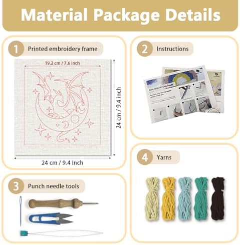 Doodlream Dragon Moon DIY Punch Needle Embroidery Kit for Adult Beginner, 9.4" Dragon Stars Punch Stitching Craft Set for Starter with Frame,Fabric Pattern,Threader, Yarn, Pinch Needle - Image 2