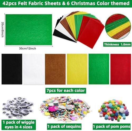gisgfim 42Pcs Christmas Felt Fabric Sheets 8 x 12 Inch Red Green Black Assorted Soft Thick Felt Pack with Wiggle Google Eyes Pom Poms Glitter Patchwork Craft for DIY Sewing Creative Art Project Decor - Image 2