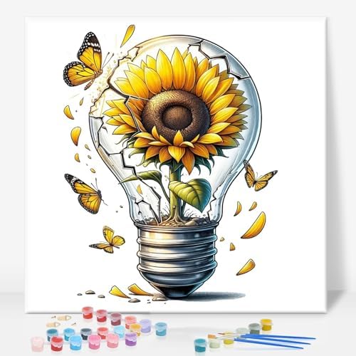 Framed Paint by Numbers Kit for Adults, Sunflower Light Bulb, 10 x 10 Inch by GEEHEIY