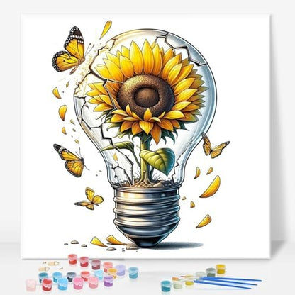 Framed Paint by Numbers Kit for Adults, Sunflower Light Bulb, 10 x 10 Inch by GEEHEIY