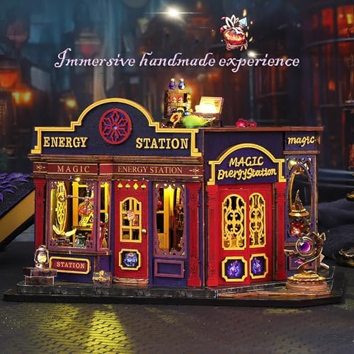 DIY Book Nook Kit - Miniature Dolls House Kit with Furniture and LED Light, 3D Puzzle Wooden Art Bookends, Model Kits for Adults to Build (Magic Energy Station) - Image 4
