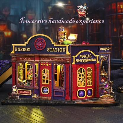 DIY Book Nook Kit - Miniature Dolls House Kit with Furniture and LED Light, 3D Puzzle Wooden Art Bookends, Model Kits for Adults to Build (Magic Energy Station) - Image 4
