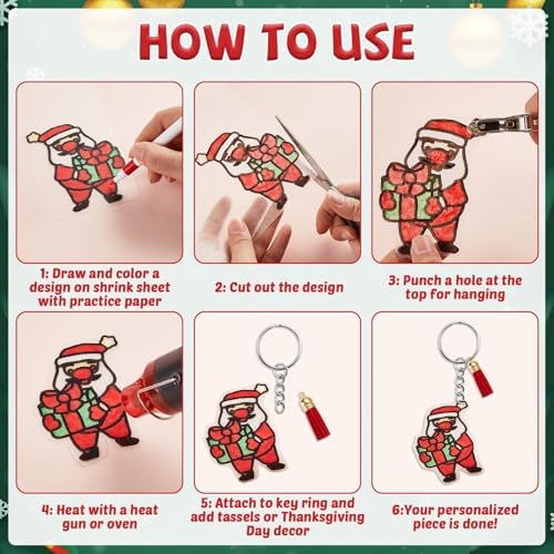 231Pcs Christmas Heat Shrink Plastic Sheet Kit Includes Shrinking Film Art Paper, Hole Punch, Keychains, Ear Hooks, Jump Rings, Tassels, DIY Heat Shrink Art Kit for Adults Creative Craft Marking - Image 4