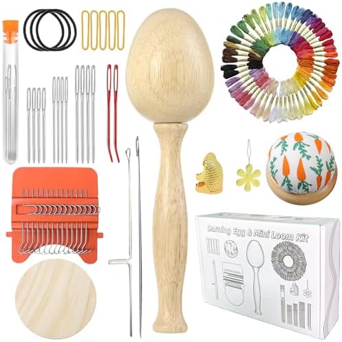 YFXJC Mini Darning Loom, Darning Egg Weaving Tool Set with Small Weaving Loom Kit with 14 Pcs Large Eye Needles 50 Colors Darning Thread for DIY Handicraft Home Sewing Care (Orange-Egg) by Unknown