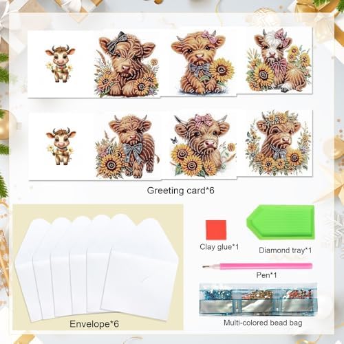 Tontut 6pcs 5D Diamond Art Painting Greeting Card Kit, Sunflower Yellow Cow Adult DIY with Envelope, Special Shape Diamond Design Greeting Card Creative Gift - Image 3