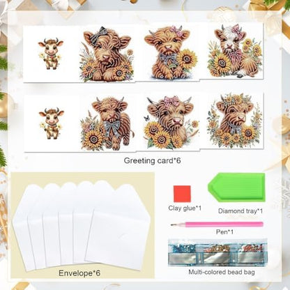 Tontut 6pcs 5D Diamond Art Painting Greeting Card Kit, Sunflower Yellow Cow Adult DIY with Envelope, Special Shape Diamond Design Greeting Card Creative Gift - Image 3