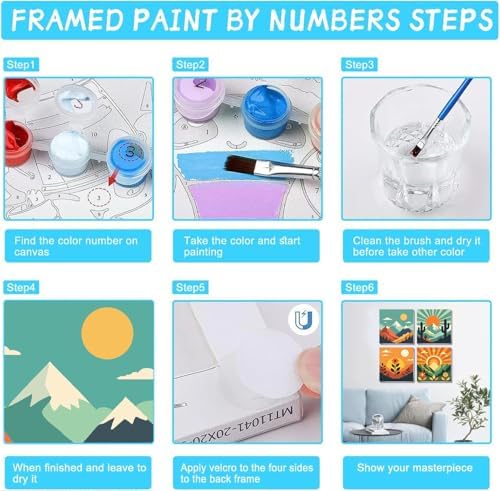 4 Pack Framed Paint by Numbers Kit for for All Ages Adults & Beginner and Kids, Easy Sunset Landscape Paint by Number with Canvas Paints Brushes, Acrylic Oil Painting Arts Crafts for Decor 8 x 8 Inch - Image 7