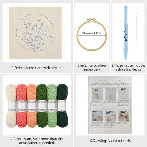 ZMHKJZDQ Punch Needle Kits for Beginners,DIY Punch Needle Embroidery with Fabric, Hoops, Yarns and Sewing Needles for Adults Children Festival Gift and Home Decor, 20x20cm (Tulip) - Image 3