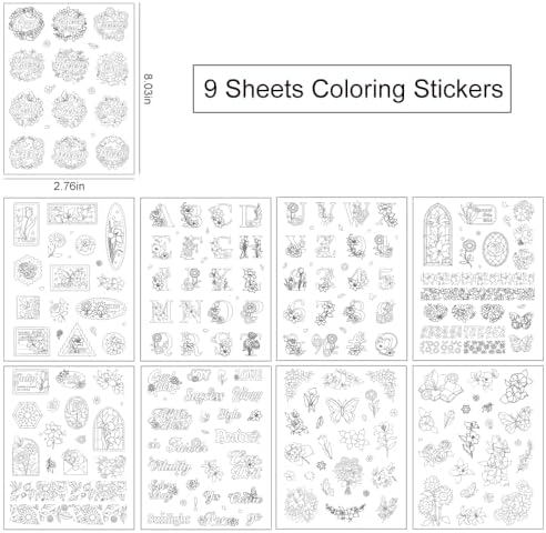 9 Sheets 100+ Pcs Coloring Book for Women, Coloring Stickers for Adult, Color Letter Flowers Butterfly Inspirational Quote Sticker Scrapbook Stickers for Women,Fun Coloring Activities - Image 2