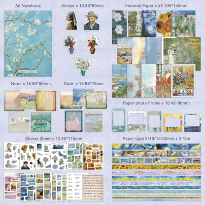 Scrapbooking Supplies Kit, Monet Van Gogh Oil Painting Theme Scrapbook Kit for Bullet Junk Journal, 12 Rolls Washi Tape, Stickers Papers for DIY Journaling Supplies, Craft Gift for Women Teenage - Image 2