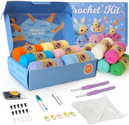 Crochetta Crochet Kit for Beginners Adults - Complete Starter Set with Crochet Hooks, Scissors, Stitch Markers + 12-Colored Yarn 45-50 Yards (20g) per Color by Crochetta