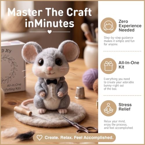 DIY Needle Felting Kit Cute Gentleman Mouse in Tuxedo – Needle Felting Starter Kit with Fiber Roving, Needles, Felting Pad & Instructions | Felted Character Animal Kit for Beginners Adults - Image 3
