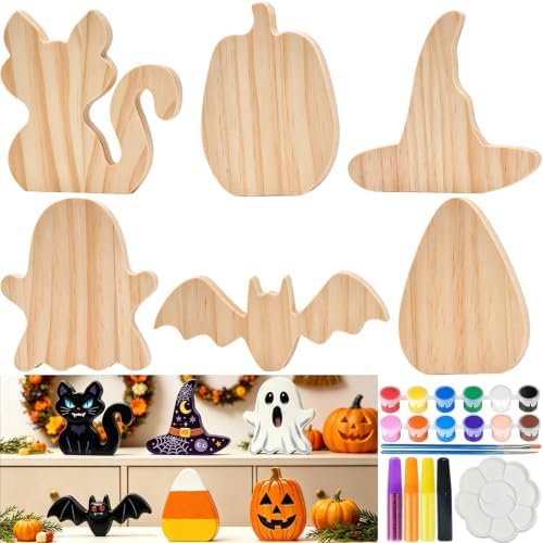 Halloween Wooden Painting Kit, 6 DIY Paintable Wood Cutouts Ornaments by Unknown