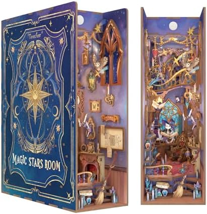 Tonecheer DIY Book Nook Kit for Adults,3D Wooden Puzzle Bookend Bookshelf Insert Library Decor, Booknook Miniature House Kit with Body Motion Sensor LED Light (Magic Stars Room) by Tonecheer