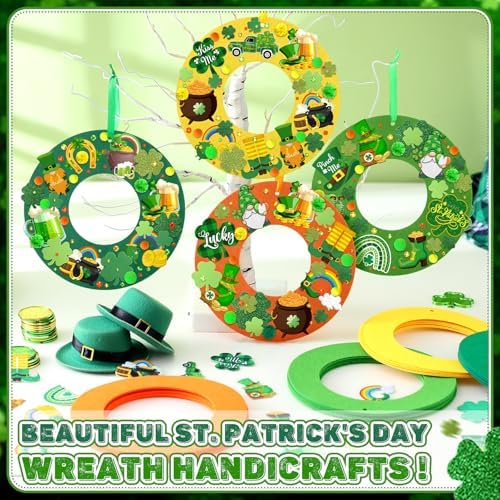 472 Pcs St. Patrick's Day Craft Kits Irish DIY Wreath Craft Kit St. Patrick's Day Wreath Arts Decorations with Lucky Shamrocks Leprechauns Gnome Stickers for Irish Indoor Outdoor Home Party Favors - Image 6