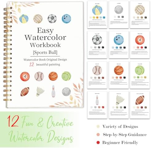 Easy Watercolor Workbook for Beginners - 12 Beautiful Step-by-Step Paintings Water Coloring Book, Includes 16 Colors Paints, Relaxing Art Projects and Creative Gift for Adults & Teen (Sports Ball) - Image 7