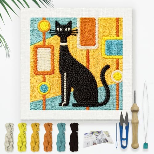 Doodlream Black Cat DIY Punch Needle Embroidery Kit for Adult Beginner, 9.4" Kitten Abstract Punch Stitching Craft Set for Starter with Frame,Fabric Pattern,Threader, Yarn, Pinch Needle by Doodlream