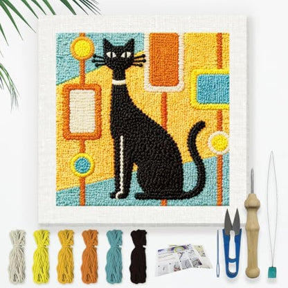 Doodlream Black Cat DIY Punch Needle Embroidery Kit for Adult Beginner, 9.4" Kitten Abstract Punch Stitching Craft Set for Starter with Frame,Fabric Pattern,Threader, Yarn, Pinch Needle by Doodlream
