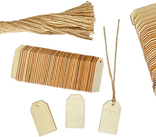 200 Pack 2.2 Inch Wood Tags with Hole and Twine, Clipped Corner Rectangle Wooden Gifts Tag for Crafts Unfinished Labels (1.2x2.2 in) by Cregugua