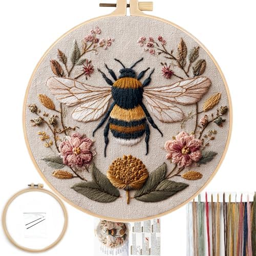 FONNUY Embroidery Kit for Beginners, Boho Floral Bee Pre-Stamped Pattern Kits for Adults with Hoop, Easy to Follow Color Thread Needlework, 8'' Hoop (Honeybee A001) by FONNUY