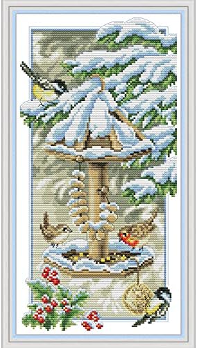 ITSTITCH Stamped Cross Stitch Kits for Beginners Full Range of Cross Stitching Preprinted Pattern for Kids or Adults, Embroidery Needlepoint Starter -Birds Enjoying The Cold Winter, 10.6x20 inch by ITSTITCH