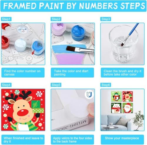 4 Pack Christmas Paint by Numbers Kits for Kids and Adults (with Frame), Cute Cartoon Christmas Paint by Number Kits on Canvas, Simple Acrylic Oil Painting for Beginners, Home Wall Decor 8 x8 Inch. - Image 7