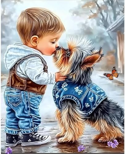 AIRDEA Boy and Dog Paint by Numbers for Adults 16x20in Cute Painting by Number Kits for Beginner Frameless Easy Acrylic Oil Painting on Canvas with Paints and Brushes by AIRDEA