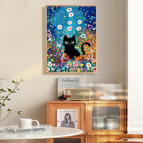 Fountor 12” W x 16”L Framed Paint by Numbers Kit for Adults Beginner, Black Cat Adult Paint by Number Kits on Canvas, Cat Flowers Acrylic Painting by Numbers for Home Decor Gift - Image 2
