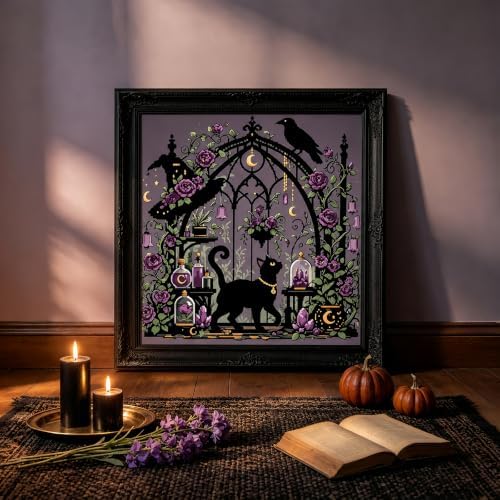 Halloween Black Cat Stamped Cross Stitch Kits for Beginner 13.7x13.7 Inch - Image 3