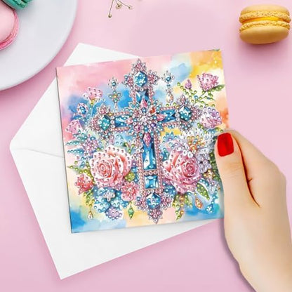 6 Pcs Diamond Painting Greeting Cards Kit Cross Rose Flowers with Envelopes, 5D DIY Special Shaped Rhinestone Art Card Making Kits for Adults, Holiday Blessing Postcards, Creative Craft Gifts - Image 3