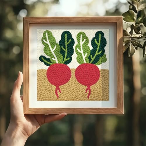 Doodlream Fresh Radish Needle Kit for Beginner, 9.4"x 9.4" Vegetable in Soil Punch Stitching Craft Set, Color DIY Embroidery Starter with Printed Frame, Instruction, Threader, Yarn, Pinch Needle - Image 6