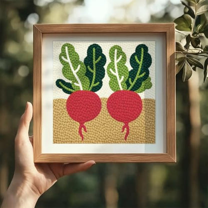 Doodlream Fresh Radish Needle Kit for Beginner, 9.4"x 9.4" Vegetable in Soil Punch Stitching Craft Set, Color DIY Embroidery Starter with Printed Frame, Instruction, Threader, Yarn, Pinch Needle - Image 6
