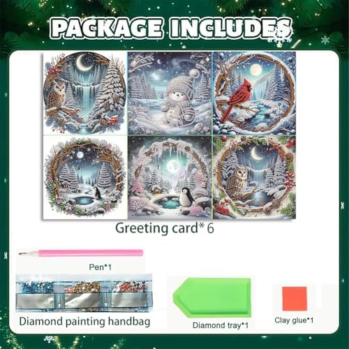 jinglinhh 6pcs Diamond Art Painting Christmas Moonlit Waterfall Cardinal Snowman Owl Greeting Cards with Envelopes, DIY Card Making Kits for Adults, Diamond Art Postcards Christmas Cards Craft Gifts - Image 3